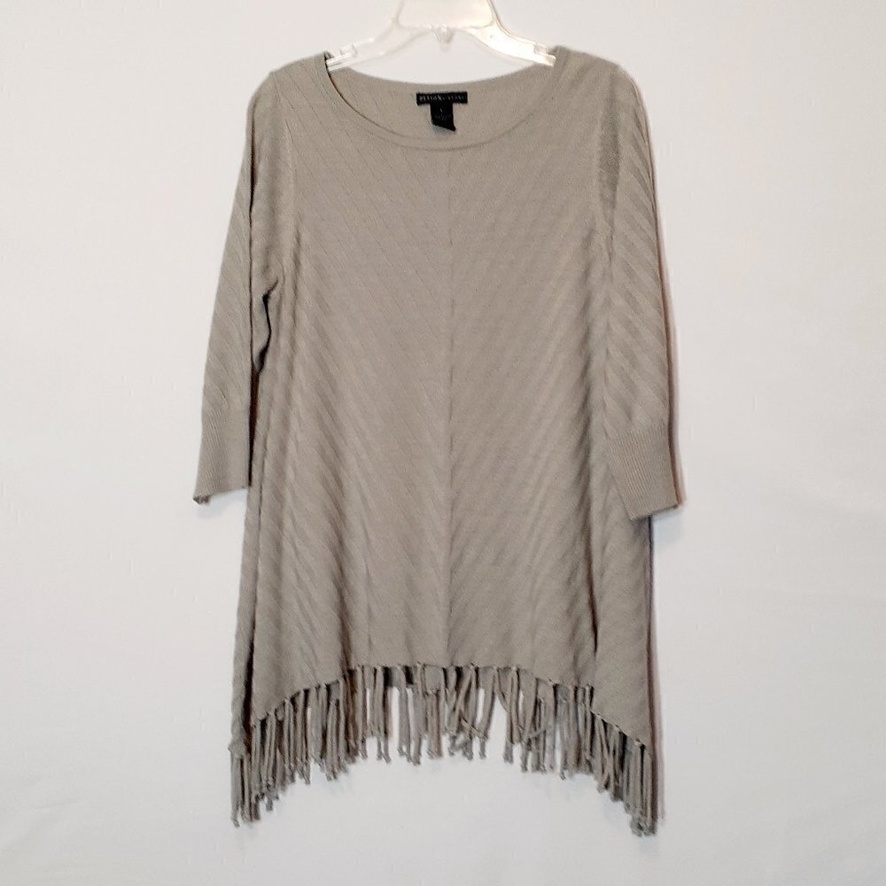 Design HISTORY Long High-Low Fringed Sweater; Gray; Size Large